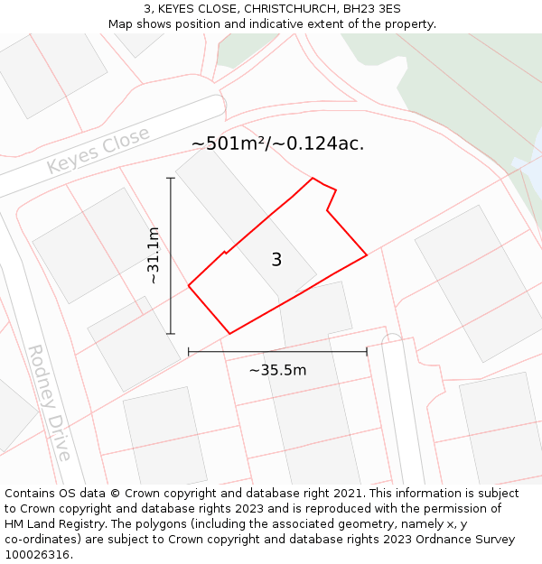 3, KEYES CLOSE, CHRISTCHURCH, BH23 3ES: Plot and title map