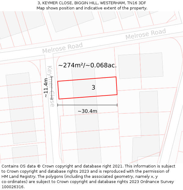 3, KEYMER CLOSE, BIGGIN HILL, WESTERHAM, TN16 3DF: Plot and title map