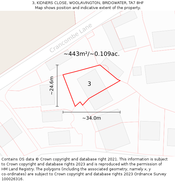 3, KIDNERS CLOSE, WOOLAVINGTON, BRIDGWATER, TA7 8HF: Plot and title map