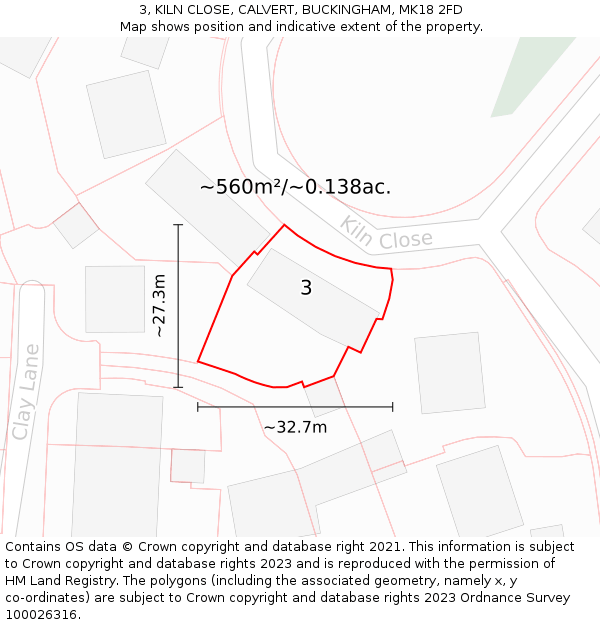 3, KILN CLOSE, CALVERT, BUCKINGHAM, MK18 2FD: Plot and title map