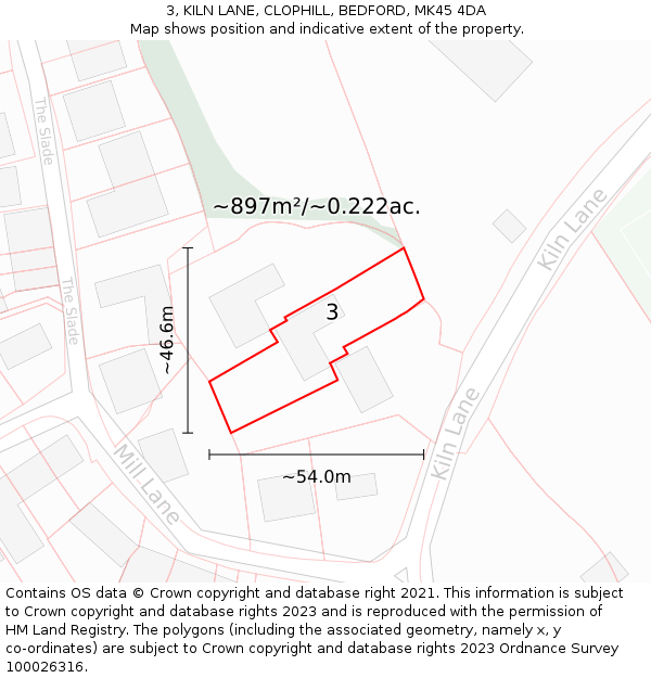 3, KILN LANE, CLOPHILL, BEDFORD, MK45 4DA: Plot and title map