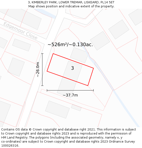 3, KIMBERLEY PARK, LOWER TREMAR, LISKEARD, PL14 5ET: Plot and title map