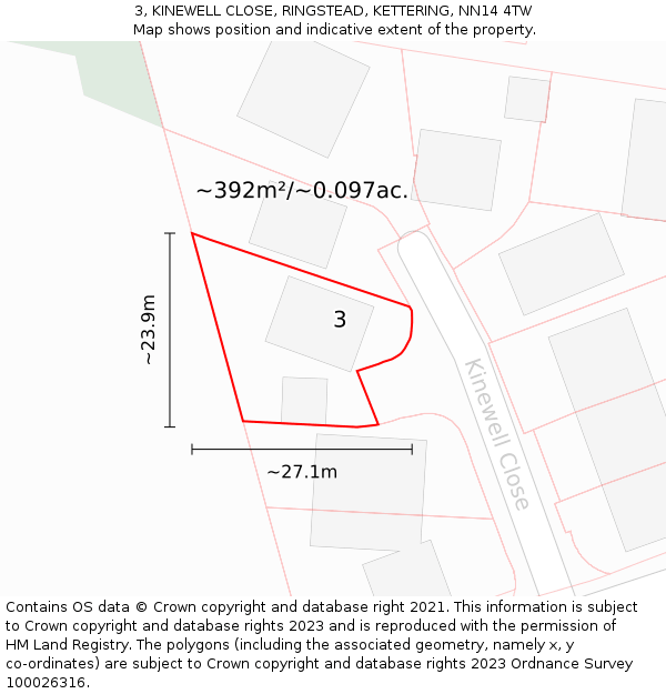 3, KINEWELL CLOSE, RINGSTEAD, KETTERING, NN14 4TW: Plot and title map