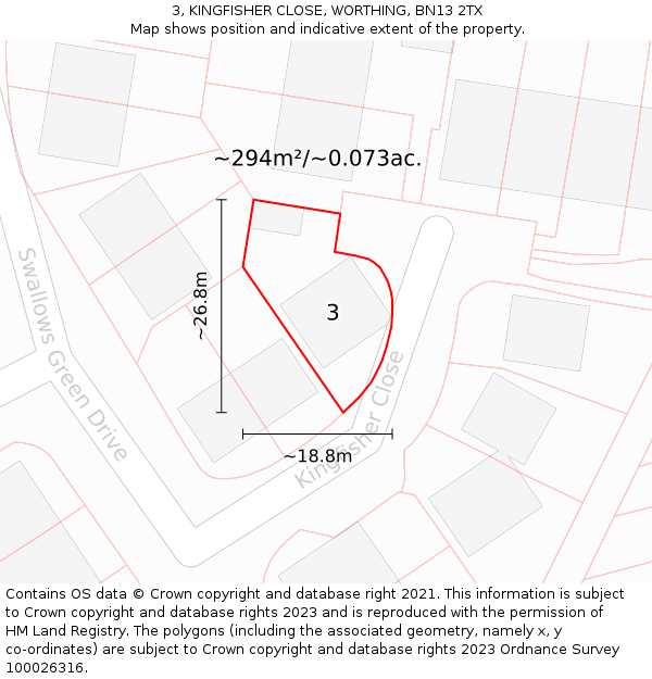 3, KINGFISHER CLOSE, WORTHING, BN13 2TX: Plot and title map