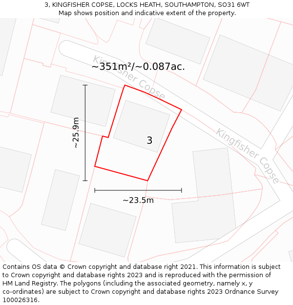 3, KINGFISHER COPSE, LOCKS HEATH, SOUTHAMPTON, SO31 6WT: Plot and title map
