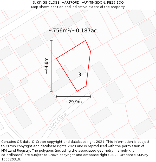3, KINGS CLOSE, HARTFORD, HUNTINGDON, PE29 1QQ: Plot and title map