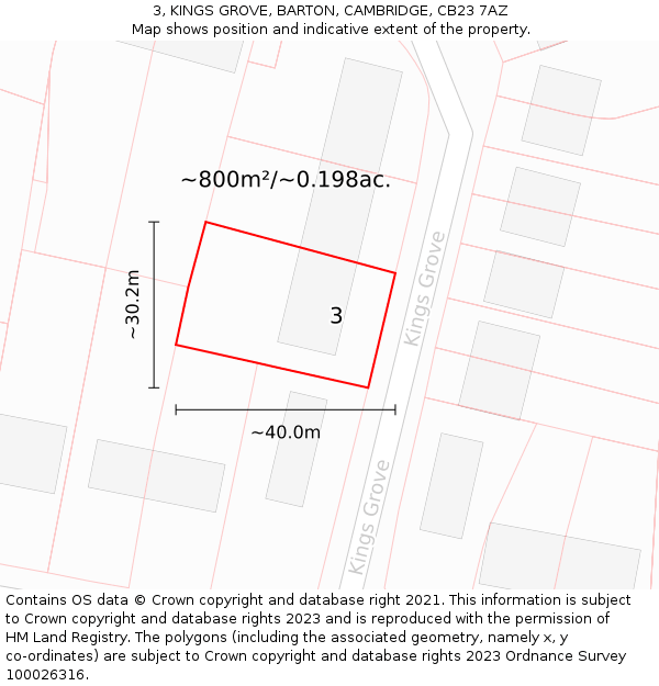 3, KINGS GROVE, BARTON, CAMBRIDGE, CB23 7AZ: Plot and title map