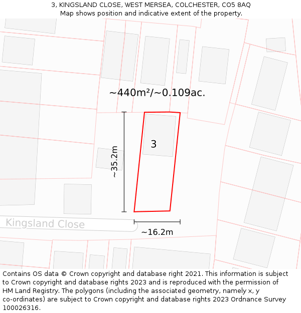 3, KINGSLAND CLOSE, WEST MERSEA, COLCHESTER, CO5 8AQ: Plot and title map