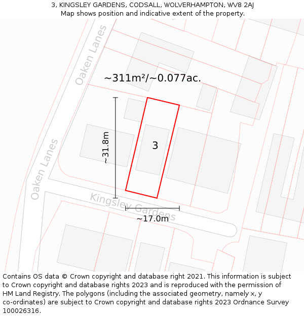 3, KINGSLEY GARDENS, CODSALL, WOLVERHAMPTON, WV8 2AJ: Plot and title map