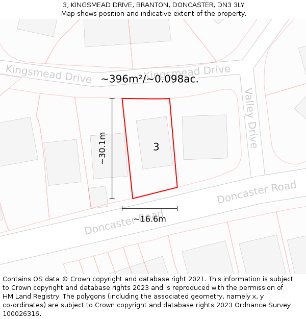 3, KINGSMEAD DRIVE, BRANTON, DONCASTER, DN3 3LY: Plot and title map
