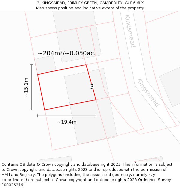 3, KINGSMEAD, FRIMLEY GREEN, CAMBERLEY, GU16 6LX: Plot and title map
