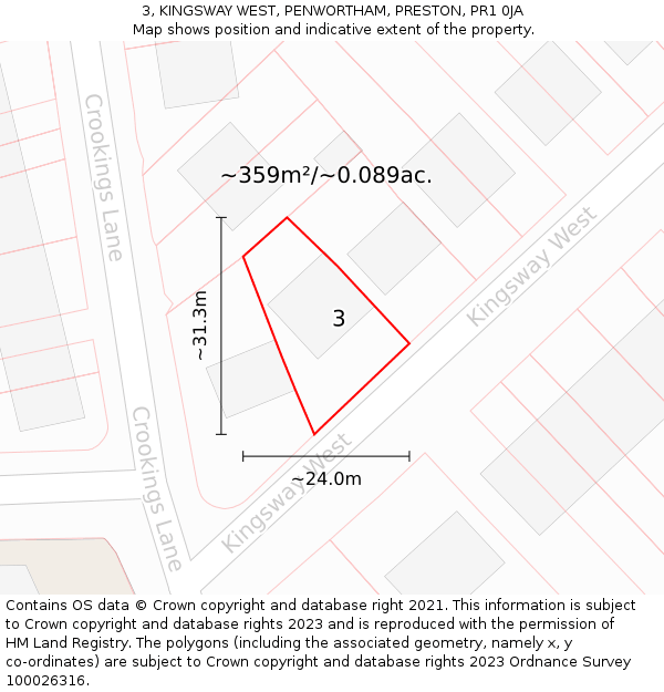 3, KINGSWAY WEST, PENWORTHAM, PRESTON, PR1 0JA: Plot and title map