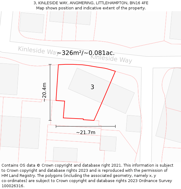 3, KINLESIDE WAY, ANGMERING, LITTLEHAMPTON, BN16 4FE: Plot and title map