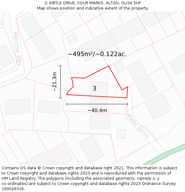 3, KIRTLE DRIVE, FOUR MARKS, ALTON, GU34 5HF: Plot and title map