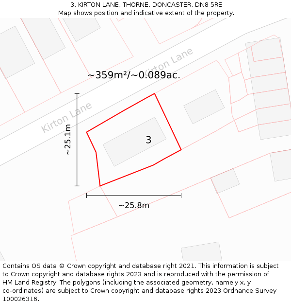 3, KIRTON LANE, THORNE, DONCASTER, DN8 5RE: Plot and title map