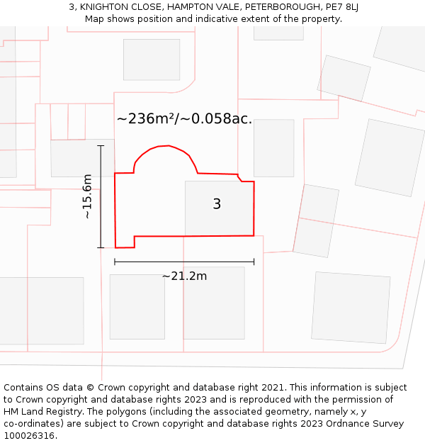 3, KNIGHTON CLOSE, HAMPTON VALE, PETERBOROUGH, PE7 8LJ: Plot and title map