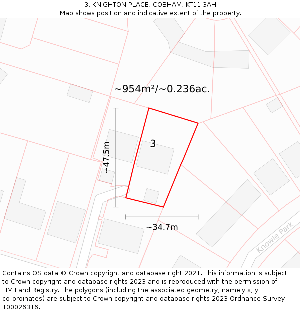 3, KNIGHTON PLACE, COBHAM, KT11 3AH: Plot and title map