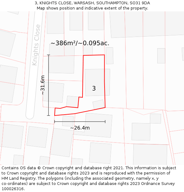 3, KNIGHTS CLOSE, WARSASH, SOUTHAMPTON, SO31 9DA: Plot and title map