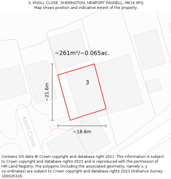 3, KNOLL CLOSE, SHERINGTON, NEWPORT PAGNELL, MK16 9PQ: Plot and title map