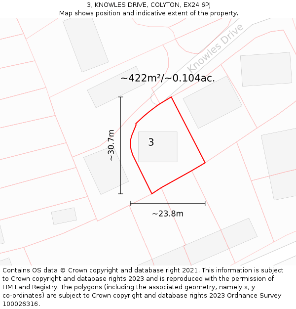 3, KNOWLES DRIVE, COLYTON, EX24 6PJ: Plot and title map