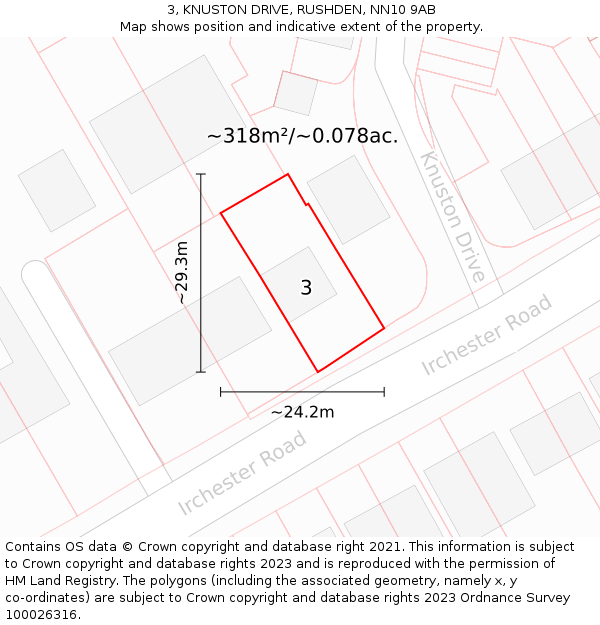 3, KNUSTON DRIVE, RUSHDEN, NN10 9AB: Plot and title map