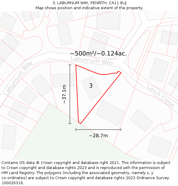 3, LABURNUM WAY, PENRITH, CA11 8UJ: Plot and title map