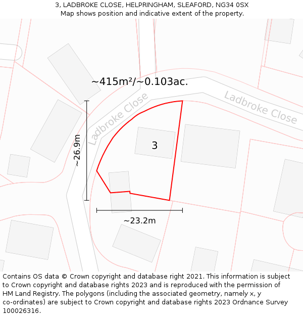 3, LADBROKE CLOSE, HELPRINGHAM, SLEAFORD, NG34 0SX: Plot and title map