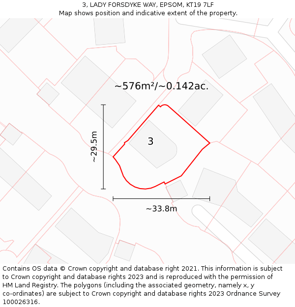 3, LADY FORSDYKE WAY, EPSOM, KT19 7LF: Plot and title map