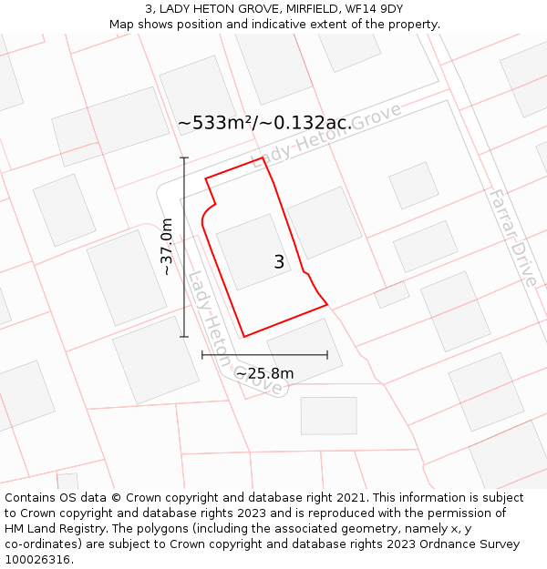 3, LADY HETON GROVE, MIRFIELD, WF14 9DY: Plot and title map
