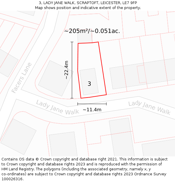 3, LADY JANE WALK, SCRAPTOFT, LEICESTER, LE7 9FP: Plot and title map