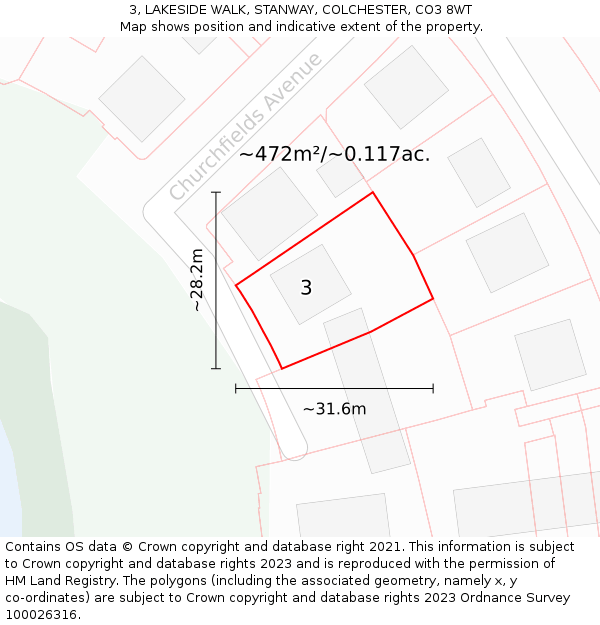3, LAKESIDE WALK, STANWAY, COLCHESTER, CO3 8WT: Plot and title map