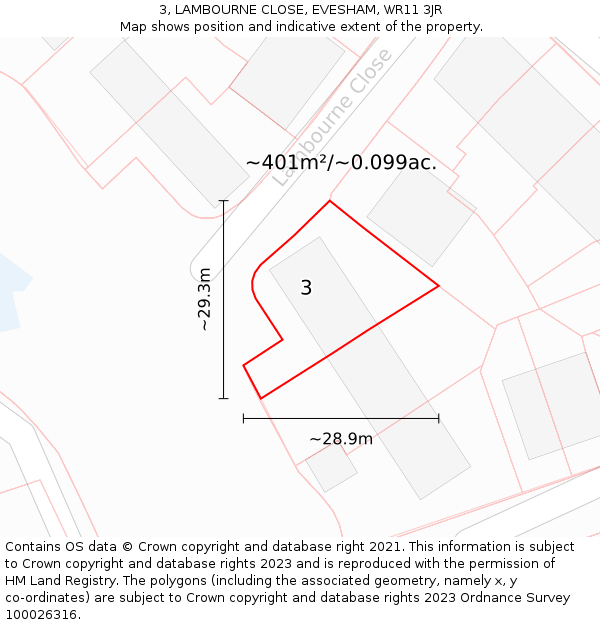 3, LAMBOURNE CLOSE, EVESHAM, WR11 3JR: Plot and title map