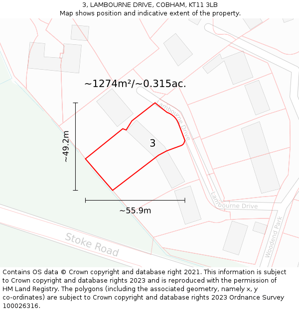 3, LAMBOURNE DRIVE, COBHAM, KT11 3LB: Plot and title map