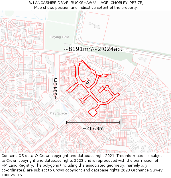 3, LANCASHIRE DRIVE, BUCKSHAW VILLAGE, CHORLEY, PR7 7BJ: Plot and title map