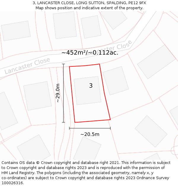 3, LANCASTER CLOSE, LONG SUTTON, SPALDING, PE12 9FX: Plot and title map