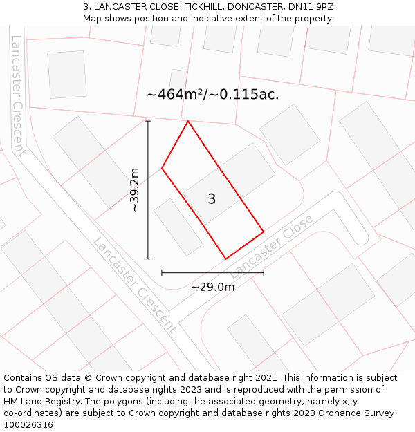 3, LANCASTER CLOSE, TICKHILL, DONCASTER, DN11 9PZ: Plot and title map