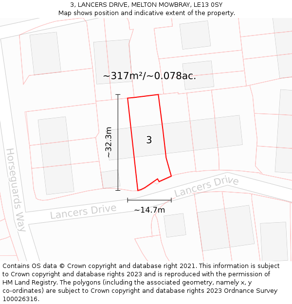 3, LANCERS DRIVE, MELTON MOWBRAY, LE13 0SY: Plot and title map