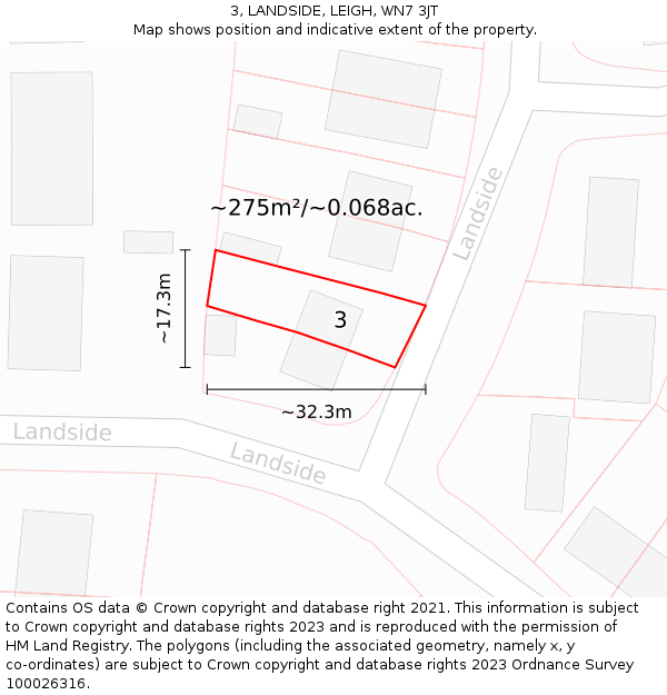 3, LANDSIDE, LEIGH, WN7 3JT: Plot and title map