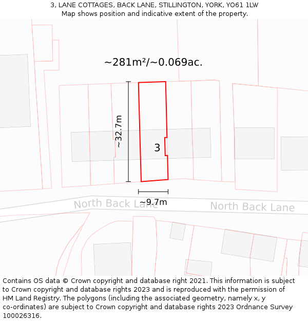 3, LANE COTTAGES, BACK LANE, STILLINGTON, YORK, YO61 1LW: Plot and title map