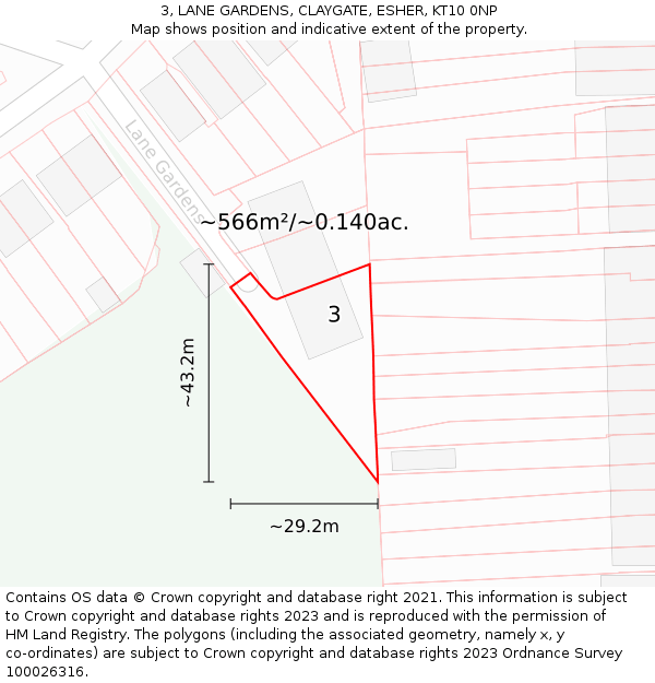 3, LANE GARDENS, CLAYGATE, ESHER, KT10 0NP: Plot and title map