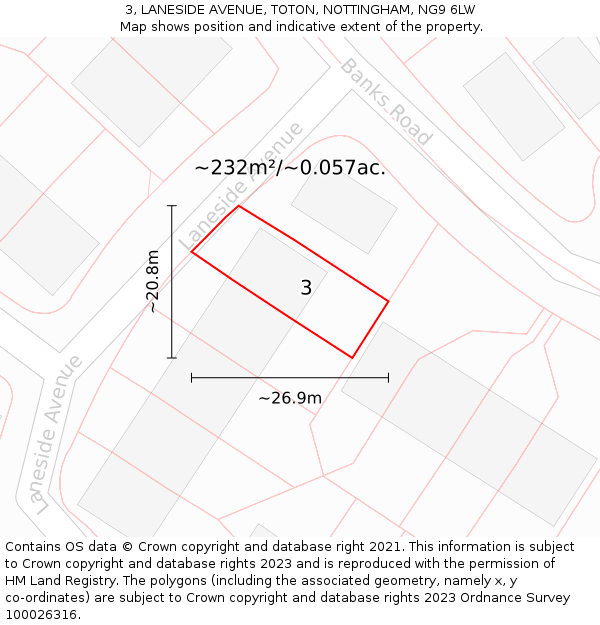 3, LANESIDE AVENUE, TOTON, NOTTINGHAM, NG9 6LW: Plot and title map