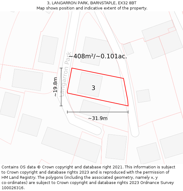 3, LANGARRON PARK, BARNSTAPLE, EX32 8BT: Plot and title map