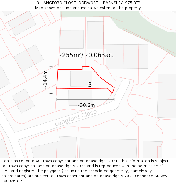 3, LANGFORD CLOSE, DODWORTH, BARNSLEY, S75 3TP: Plot and title map