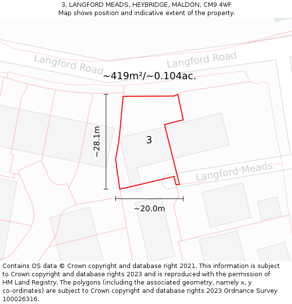 3, LANGFORD MEADS, HEYBRIDGE, MALDON, CM9 4WF: Plot and title map