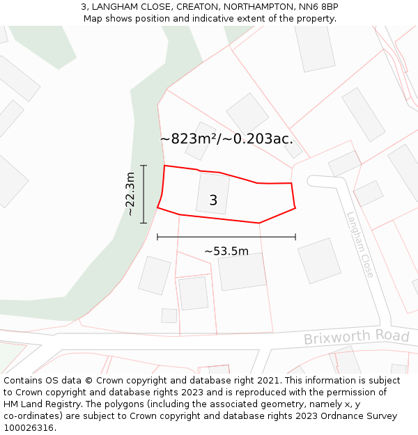 3, LANGHAM CLOSE, CREATON, NORTHAMPTON, NN6 8BP: Plot and title map
