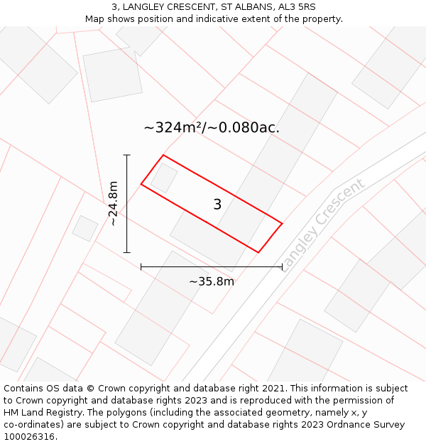 3, LANGLEY CRESCENT, ST ALBANS, AL3 5RS: Plot and title map