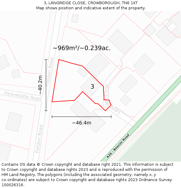 3, LANGRIDGE CLOSE, CROWBOROUGH, TN6 1XT: Plot and title map