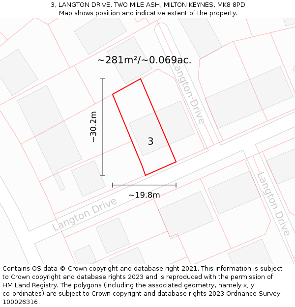3, LANGTON DRIVE, TWO MILE ASH, MILTON KEYNES, MK8 8PD: Plot and title map