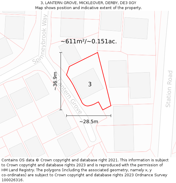 3, LANTERN GROVE, MICKLEOVER, DERBY, DE3 0GY: Plot and title map