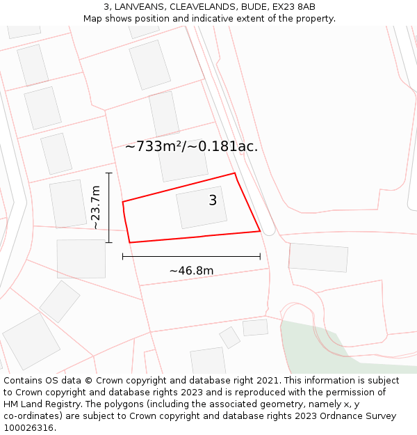 3, LANVEANS, CLEAVELANDS, BUDE, EX23 8AB: Plot and title map